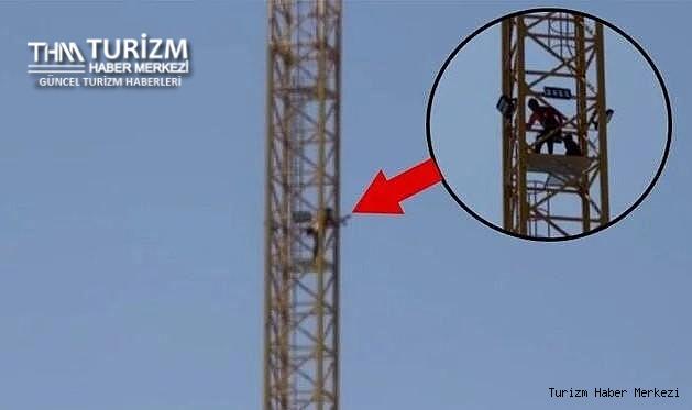Otel inşaatında çalışan işçiler vince çıkıp eylem yaptı!